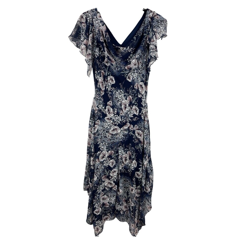 VTG Robbie Bee 10 Floral Cowl Neck Midi Dress Flutter Sleeve Navy Asymmetrical